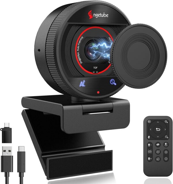 Angetube AI Webcam for PC - 1080p/2K@60FPS HD Web Camera with Remote Control, 8X Digital Zoom Webcam, Privacy Cover, TOF Auto Focus, HDR, USB 3.0 Web Cam Work with Zoom, Skype,Teams, Windows,Mac