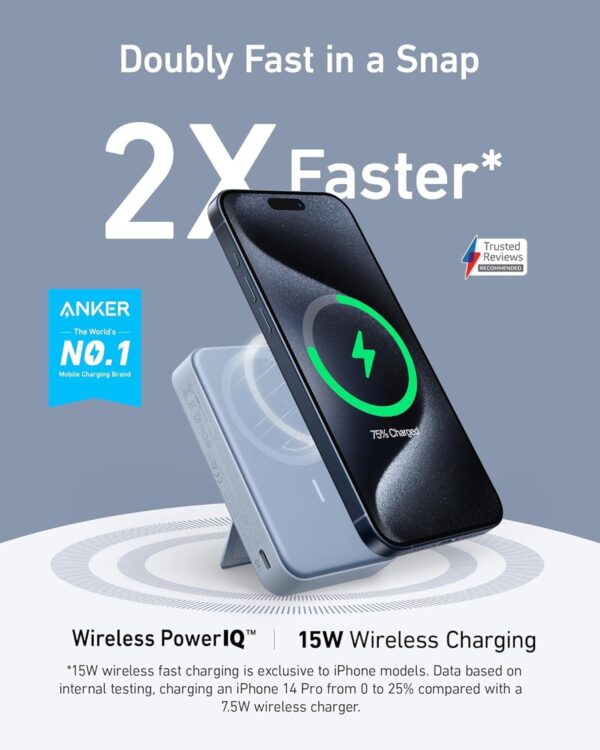 Anker MagGo Power Bank, Qi2 Certified 15W Fast MagSafe Compatible Mobile Charger, 10,000mAh Battery, Smart Display & Foldable Stand, for iPhone 15/14/13/12, Includes USB-C Cable - Image 2