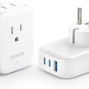 Anker (Pack of 2) USA to Europe International Plug Adapter, Travel Adapter, 15W Max with 2 AC, 2 USB-C & 1 USB-A Port, Ideal for iPhone 15, iPad Air & More, Compact for Travel, Cruise (TUV Listed)