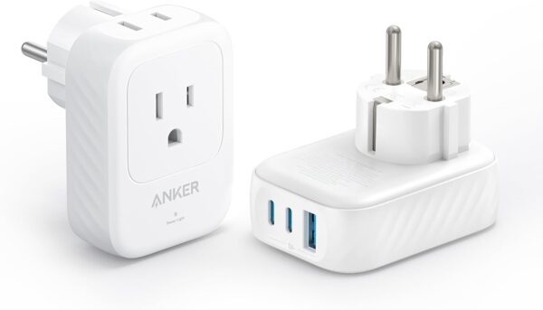 Anker (Pack of 2) USA to Europe International Plug Adapter, Travel Adapter, 15W Max with 2 AC, 2 USB-C & 1 USB-A Port, Ideal for iPhone 15, iPad Air & More, Compact for Travel, Cruise (TUV Listed)
