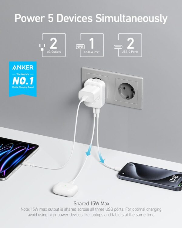 Anker (Pack of 2) USA to Europe International Plug Adapter, Travel Adapter, 15W Max with 2 AC, 2 USB-C & 1 USB-A Port, Ideal for iPhone 15, iPad Air & More, Compact for Travel, Cruise (TUV Listed) - Image 2