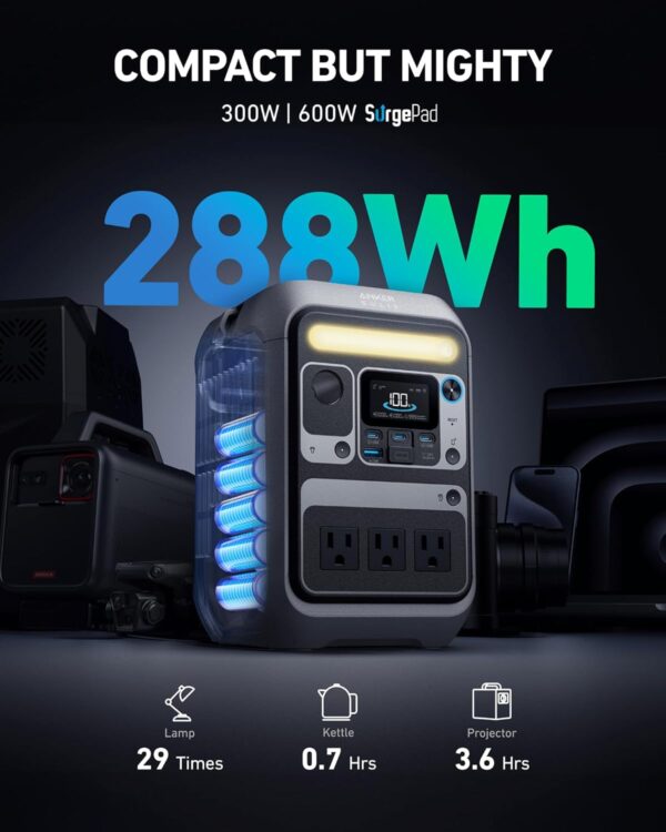 Anker Portable Power Station SOLIX C300, 288Wh LiFePO4 Battery, 300W (600W Surge) Solar Generator, 140W Two-Way Fast Charging, for Outdoor Camping, Traveling, and Emergencies (Solar Panel Optional) - Image 2