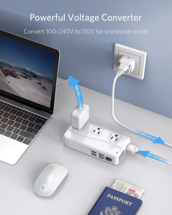 BESTEK Universal Travel Adapter 220V to 110V Voltage Converter with 6A 4-Port USB Charging and UK/AU/US/EU Worldwide Plug Adapter (White) - Image 2