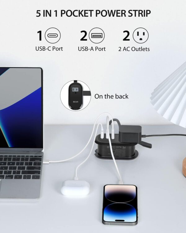 BEVA Travel Power Strip with USB C Ports, 4FT Extension Cord, 2 Outlets, 3 USB Ports, Cruise Ship Essentials (3.4A Charge, Black) - Image 2