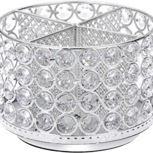 BTSKY Crystal 360 Degree Rotating Desk Organizer Decorative Storage Box with 4 Compartments, Glitter Metal Makeup Brush Holder Elegant Storage Caddy Home Decor Gift for Women, Round-4 Slots Silver