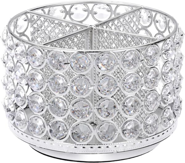 BTSKY Crystal 360 Degree Rotating Desk Organizer Decorative Storage Box with 4 Compartments, Glitter Metal Makeup Brush Holder Elegant Storage Caddy Home Decor Gift for Women, Round-4 Slots Silver