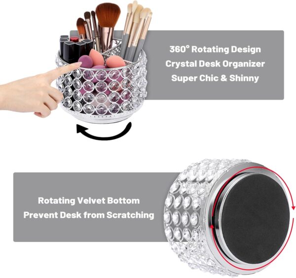 BTSKY Crystal 360 Degree Rotating Desk Organizer Decorative Storage Box with 4 Compartments, Glitter Metal Makeup Brush Holder Elegant Storage Caddy Home Decor Gift for Women, Round-4 Slots Silver - Image 2