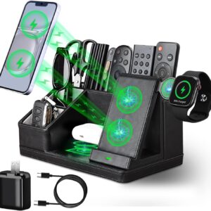 Black Leather Desk Organizer With Charging Station,Office Supplies Desk Accessories,Pen Holder for Desk,Remote Control Holder,Desk Organizer With Phone Charger,Nightstand Desktop Organizer
