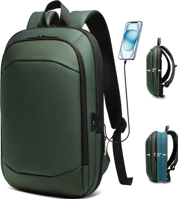 Business Backpack 17 Inch Slim Expandable Waterproof Travel Laptop Backpacks with USB Charger Port Anti-Theft Lightweight Large Work Computer Bag College Laptop Backpacks Gifts for Men Women, Green