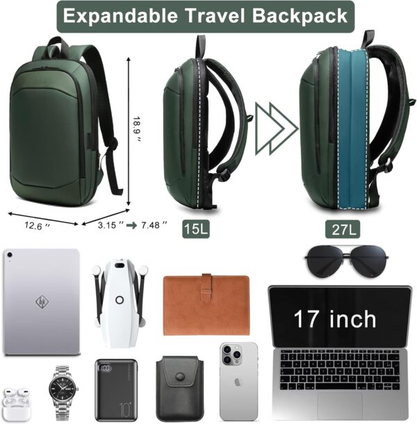 Business Backpack 17 Inch Slim Expandable Waterproof Travel Laptop Backpacks with USB Charger Port Anti-Theft Lightweight Large Work Computer Bag College Laptop Backpacks Gifts for Men Women, Green - Image 2