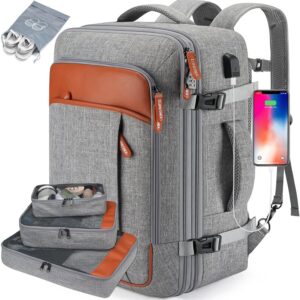 Carry on Travel Backpacks, Extra Large 40L Flight Approved bag for Men & Women,Expandable Suitcase With 4 Packing Cubes,Water Resistant Luggage Daypack Business Weekender Bag,Grey