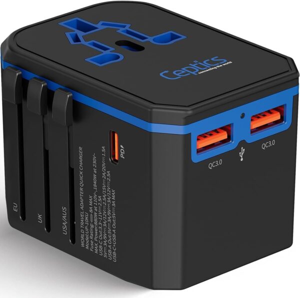 Ceptics International Power Adapter, World Travel adapter w/ PD 30W USB-C - 2 USB-A Ports Universal Adapter, Type A C G I Output for worldwide use, UP-10KU