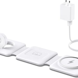 Charging Station for Apple Multiple Devices - 3 in 1 Foldable Magnetic Wireless Charger Dock - Travel Charging Pad for iPhone 16 15 14 13 12 Pro Max Plus Watch & Airpods
