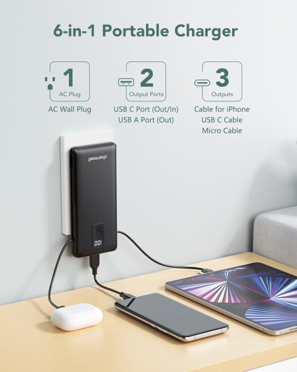 Charmast Portable Charger with Built-in Cables & Wall Plug, 10000mAh Portable Power Bank, External Battery Pack Travel Essentials Compatible with iPhone 16/15/14/13, Samsung, iPad etc - Image 2