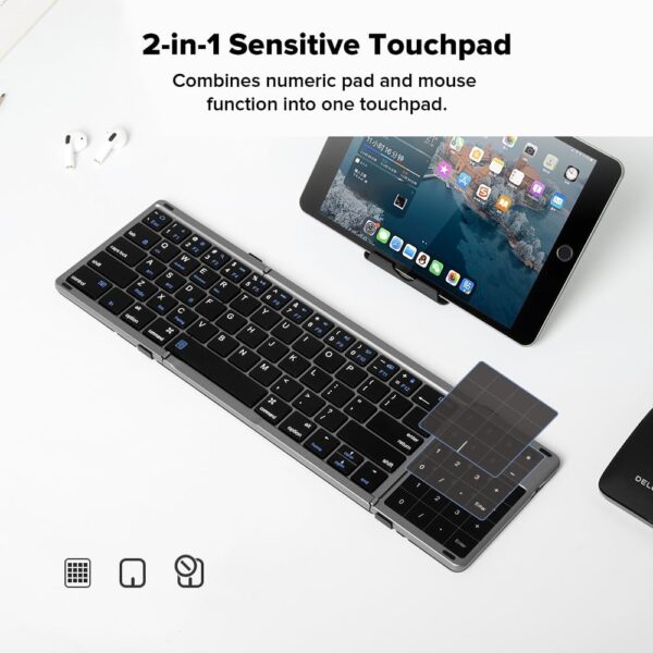 DeLUX Foldable Keyboard with Touchpad and Numeric Keypad, 2.4G Wireless and Bluetooth, Rechargeable Portable Travel Folding Keyboard with PU Leather, for iOS Android Windows Tablet (KF18) - Image 2