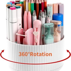 Desk Pen Holder, 5-Slot 360 Rotating Pencil & Pen Organizer - Desktop Storage Stationery Supplies Organizer, Cute Pencil Cup Pot for Office, School, Home, Art Supply, White