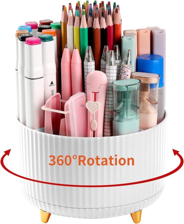 Desk Pen Holder, 5-Slot 360 Rotating Pencil & Pen Organizer - Desktop Storage Stationery Supplies Organizer, Cute Pencil Cup Pot for Office, School, Home, Art Supply, White