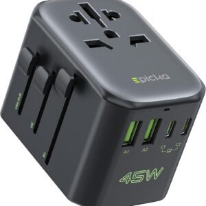 EPICKA Pulse 45W European Travel Plug Adapter, Universal Power Adapter with PD Fast Charging, 5-Port (1 AC/2 USB-A/2 USB-C) International Charger Adapter for Europe, Japan - Travel Essentials (Black)