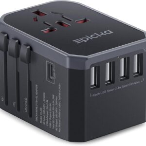EPICKA Universal Travel Adapter, European Travel Plug Adapter - International Power Adapter Worldwide Charger with USB-C & 4 USB-A Ports, Travel Essentials for Italy, Japan, Europe, UK (TA-105, Grey)