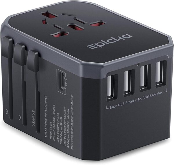 EPICKA Universal Travel Adapter, European Travel Plug Adapter - International Power Adapter Worldwide Charger with USB-C & 4 USB-A Ports, Travel Essentials for Italy, Japan, Europe, UK (TA-105, Grey)