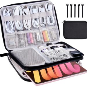 Electronics Organizer Travel Case Cord Cable Charger Organizer Bag Travel Accessories Essentials for Women Men Double Layers Tech Pouch with 5 Cable Ties for Phone Power Bank SD Card USB, Black