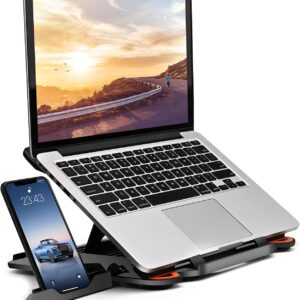 Ergonomic Adjustable Laptop Stand for Desk with Phone Holder & 360° Rotation - Foldable Portable Stand for 10-17" Laptops, MacBook Pro 16", Gaming Laptops, Tablets | Heavy-Duty & Ventilated Design
