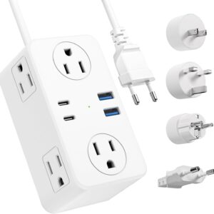 European Travel Plug Adapter, EU/UK/US Travel Plug Adapter Power Strip, 6 AC Outlets, 4 USB Ports (2 USB C), 3ft Wrapped Around Extension Cord, Universal Travel Adapter
