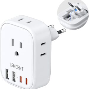 European Travel Plug Adapter, LENCENT US to Europe Type-C Foldable Power Plug with 4 Outlets 4 USB Ports (2 USB C), Power Adaptor for USA to EU Euro Iceland Spain Italy France Germany Greece Portugal