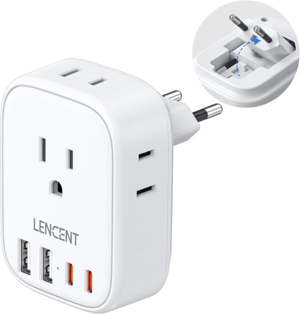 European Travel Plug Adapter, LENCENT US to Europe Type-C Foldable Power Plug with 4 Outlets 4 USB Ports (2 USB C), Power Adaptor for USA to EU Euro Iceland Spain Italy France Germany Greece Portugal