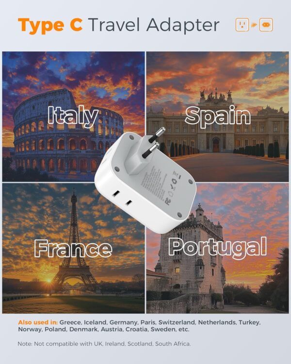 European Travel Plug Adapter USB C, TESSAN International Plug Adapter with 4 AC Outlets 3 USB Charging Ports, Type C Europe Power Adaptor for US to EU France Germany Iceland Spain Italy - Image 2