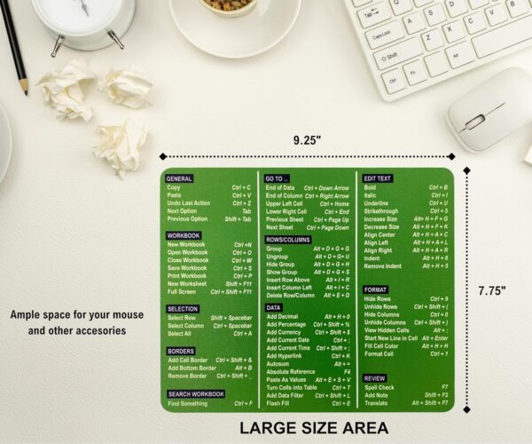 Excel Shortcuts Mouse Pad - The Ultimate Productivity Tool - Dominate Excel Like a Pro - The Secret Weapon to Master Excel - 7.75” x 9.25” Rectangular Shape (Solid Green Print) - Image 2
