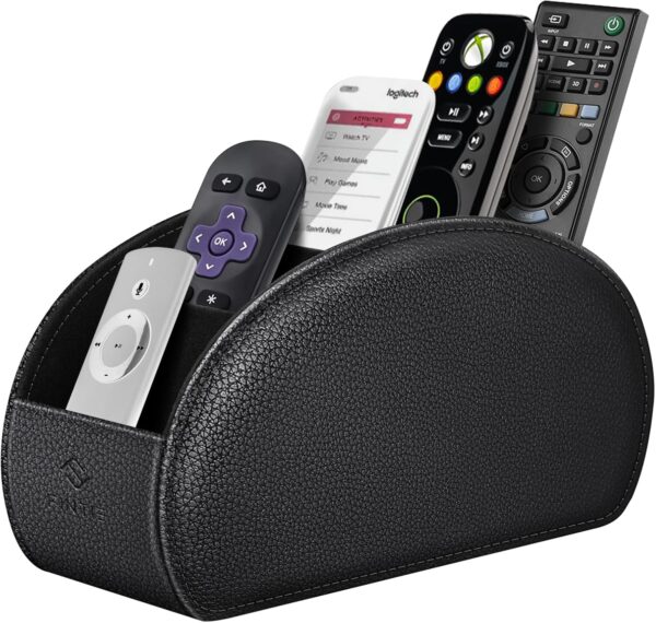 Fintie Remote Control Holder, 5 Compartments Vegan Leather TV Remoter Caddy Desktop Organizer Makeup Brush Holder Storage Fits TV Remotes, Media Controllers, Office Supplies(Black)