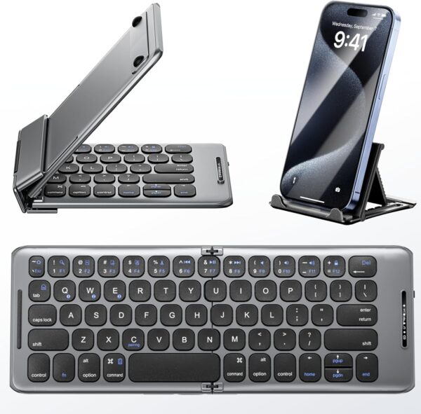 Foldable Bluetooth Keyboard with Stand Holder, Rechargeable Pocket Size Folding Travel Keyboard for iPhone, iPad, Tablet, Laptop, Smartphone, B088