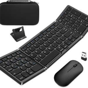 Foldable Keyboard and Mouse, EDJO Folding Wireless Keyboard Mouse Combo with Portable Case, Rechargeable 2.4G+Bluetooth Multi-Device Combo for Windows, iOS, Android, MacOS PC/Laptop/Tablet