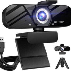 Full HD Webcam with Built-in Microphone and Rotatable Tripod, 1080P Video and Wide Angle Camera, Privacy Cover, for Desktop PC or Laptop Computer