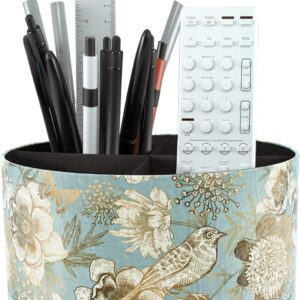 Hennaja Round Leather Art Supply Organizer,Remote Control Holder,360 Degree Rotating,Multi-Functional Pencil Holder,4 Compartments Desktop Stationary Organizer(1-Blue Bird)