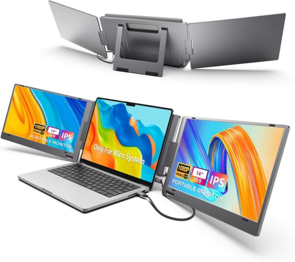 KYY Triple Laptop Screen Extender, 14" 1080P FHD IPS Dual Portable Extended Monitor, USB C Travel for 12-16'' Laptop, 210°Rotation & Kickstand, Plug and Play, X90 (Windows Only)