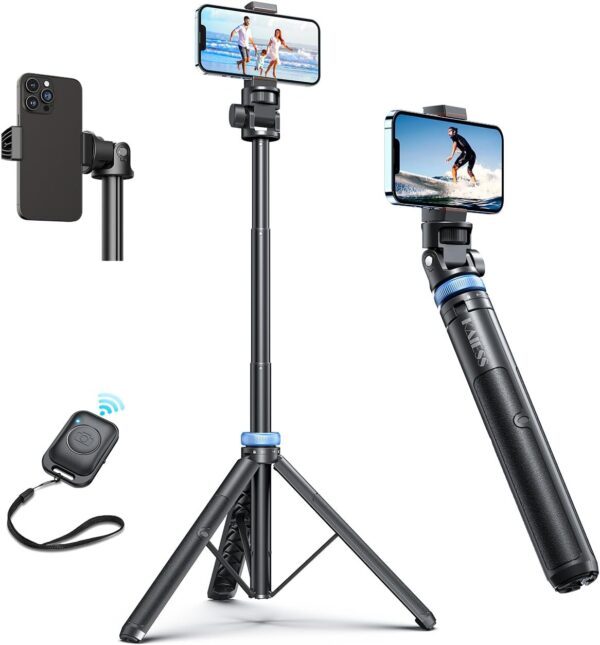 Kaiess 62" Phone Tripod & Selfie Stick, Extendable Cell Phone Tripod Stand with Wireless Remote, Solidest, Portable, Lightweight, Compatible with iPhone/Android Phone