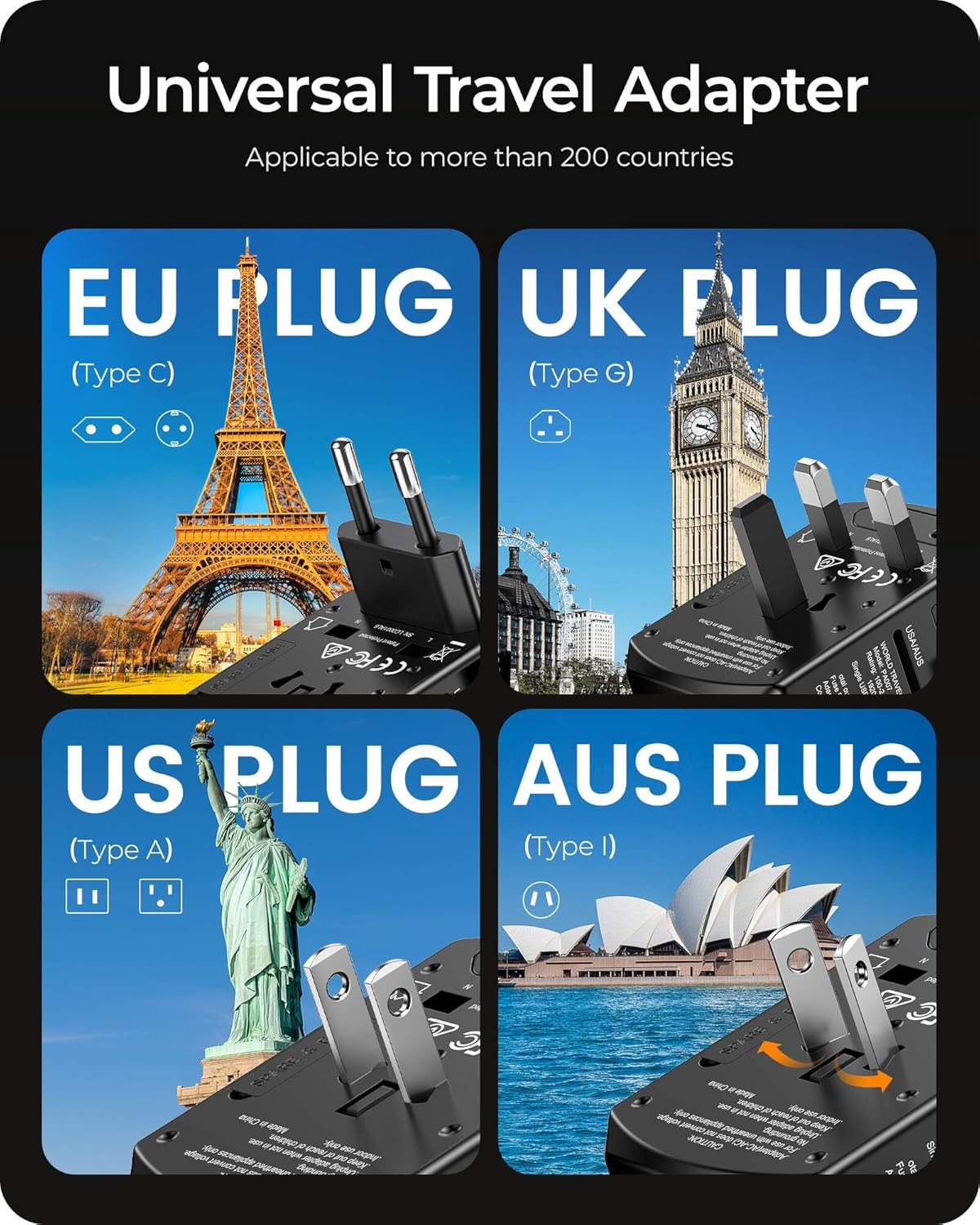 LENCENT Universal Travel Power Adapter, International AC Plug Adaptor with 2 USB C 2 USB A Ports Wall Charger Worldwide Travel Essentials for US to EU UK Ireland Australia (Type C/G/A/I) Black - Image 2