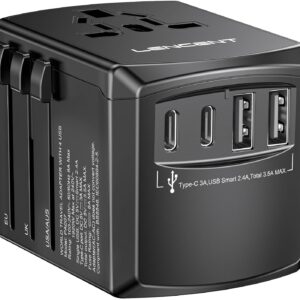 LENCENT Universal Travel Power Adapter, International AC Plug Adaptor with 2 USB C 2 USB A Ports Wall Charger Worldwide Travel Essentials for US to EU UK Ireland Australia (Type C/G/A/I) Black