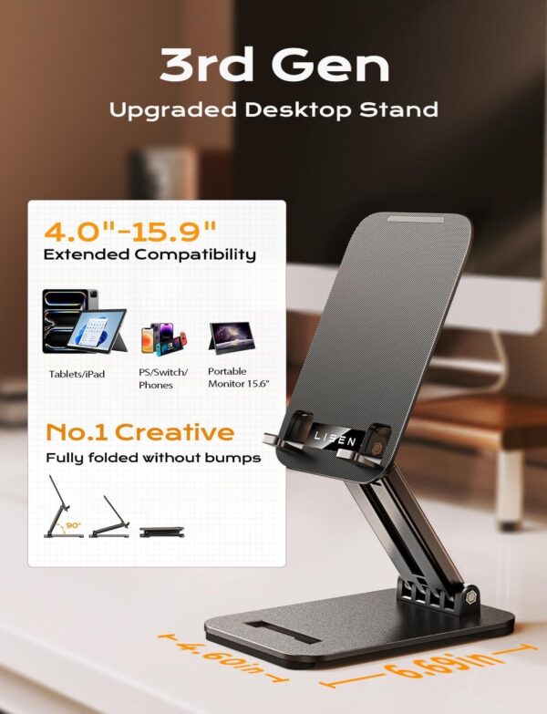 LISEN Tablet Stand for iPad Stand Holder Desk, Foldable Home Office Desk Accessories Travel for iPad Holder Dorm College Essentials Portable Monitor Stand Fits Tabs Kindle iPhone 4-15.9" Black - Image 2