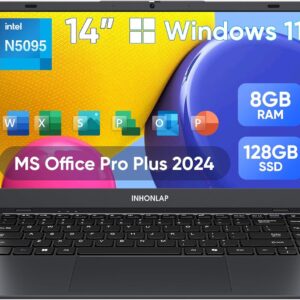 Laptop Computer, 14 Inch Laptop 8GB RAM 128GB SSD Laptops, Quad-Core N5095 Processor, Up to 2.9 GHz, Win11 Pro, Office Pro Plus 2024, WiFi 5, BT 5.0, Webcam, Long Lasting Battery, Black