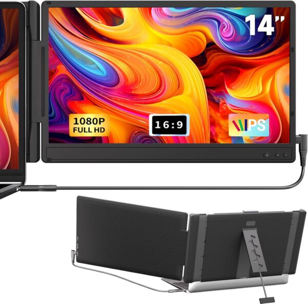 Laptop Screen Extender 14-inch – Upgraded 1080P FHD IPS Dual Laptop Monitor Extender Plug & Play Portable Monitor with Adjustable Stand Compatible with Windows Mac Chrome 13”-17” Laptop