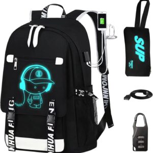 Luminous Pattern Travel Laptop Backpack - Adjustable Shoulder Strap Waterproof Black Backpack With Usb Charging Port & Headphone Port School Backpack Includes Pencil Bag,combination Lock