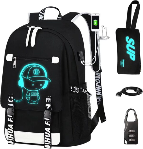 Luminous Pattern Travel Laptop Backpack - Adjustable Shoulder Strap Waterproof Black Backpack With Usb Charging Port & Headphone Port School Backpack Includes Pencil Bag,combination Lock
