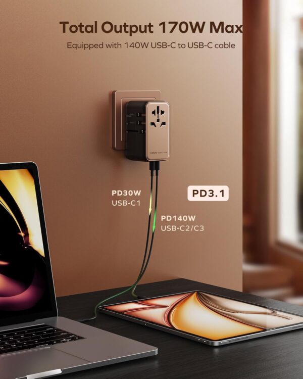 MOMAX Universal Travel Adapter, 170W GaN International Power Adapter, 2 USB-C 2 USB-A, Worldwide Travel Plug Adapter, International Power Adapter for Most Europe, USA, Japan, Australia (Type C/A/G/I) - Image 2