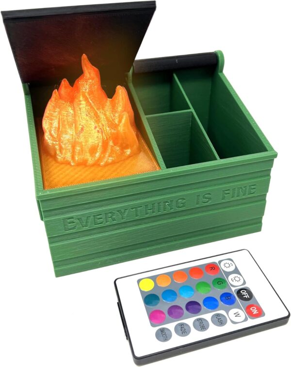 MunnyGrubbers - Dumpster Fire Desk Organizer Caddy - Includes Removable Fake LED Flame & Remote - Cute Desk Decor, Gag Gifts, Funny Gifts for Coworker, Employee Appreciation - (DFPH-Green)