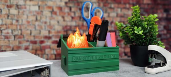 MunnyGrubbers - Dumpster Fire Desk Organizer Caddy - Includes Removable Fake LED Flame & Remote - Cute Desk Decor, Gag Gifts, Funny Gifts for Coworker, Employee Appreciation - (DFPH-Green) - Image 2