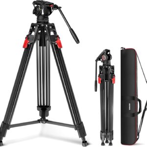 NEEWER 76" Video Camera Tripod with Fluid Head, One Step Quick Release Portable Tripod, Aluminum Heavy Duty Tripod Stand, Dual Mode QR Plate for DSLR Cameras Camcorders, Max Load 17.6lb, LL27