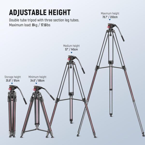 NEEWER 79"/2m Video Camera Tripod with Fluid Head, One Step Quick Release Aluminum Heavy Duty Tripod Stand with QR Plate Compatible with Canon Nikon Sony DSLR Camera Camcorder, Max Load 17.6lb, LL38 - Image 2